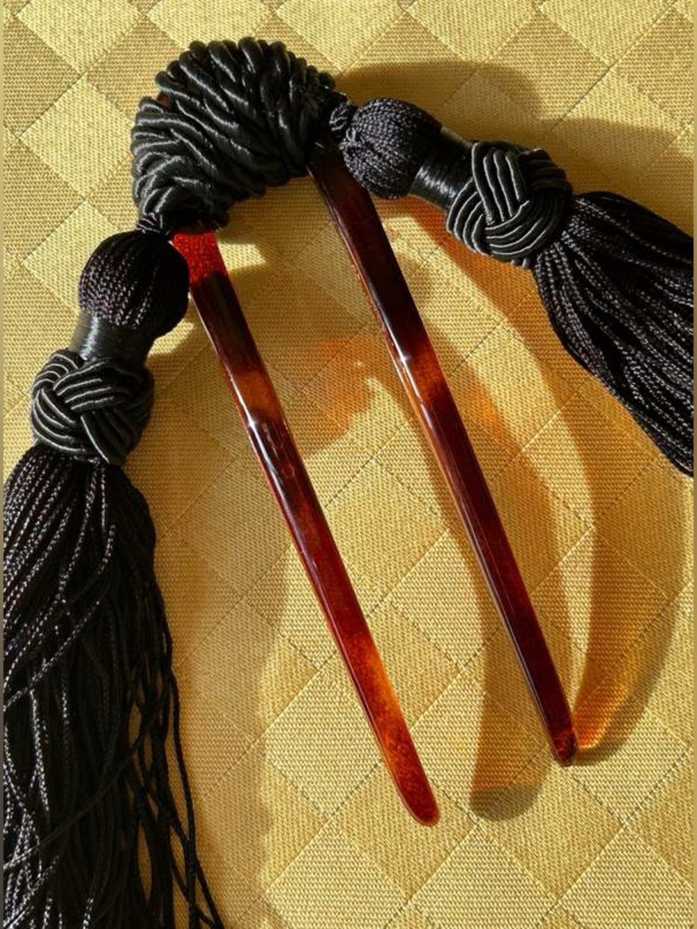 Mosquito Vega Hair Comb tortoise silk tassels 18K gold hair accessory